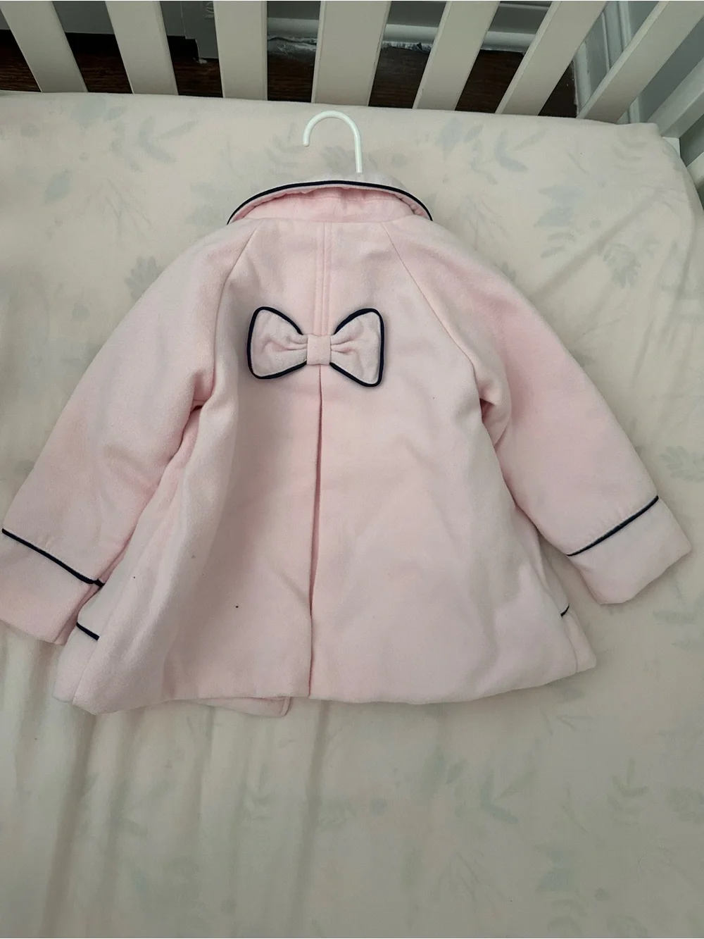 Little Me Pale Pink Double-Breasted Pea Coat with Navy Trim